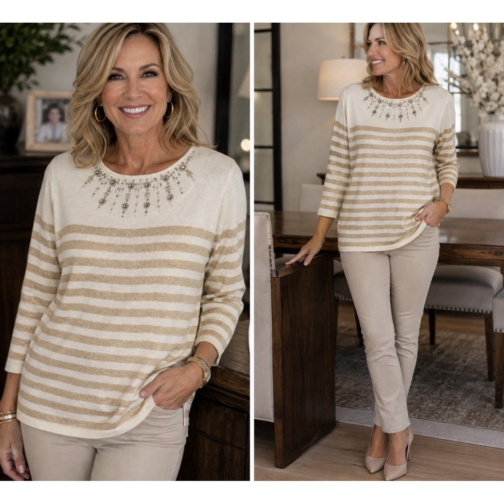Alfred Dunner Sweater Size M Sequin Embellished Crewneck Metallic Sparkle Career